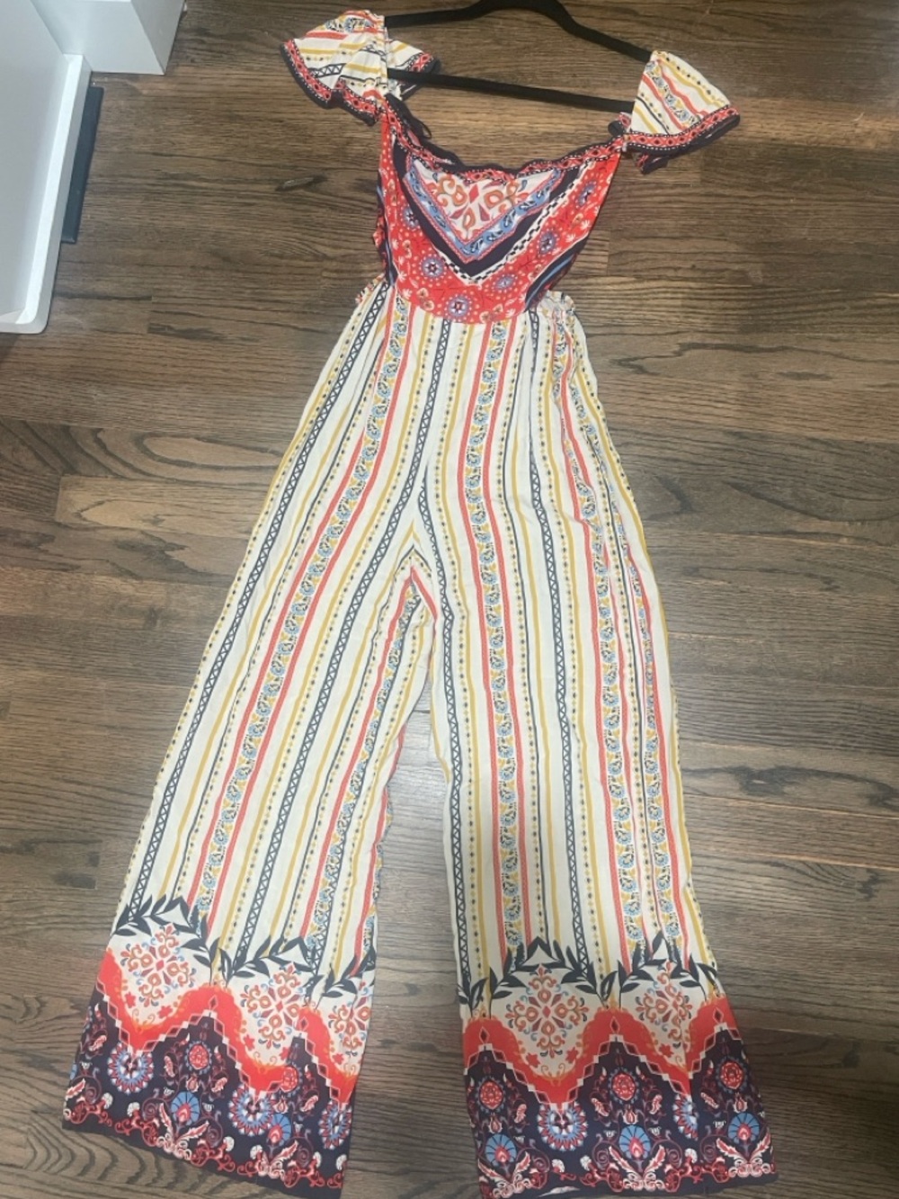 Flying Tomato Red & Cream Striped Wide-Leg Jumpsuit with Floral Hem